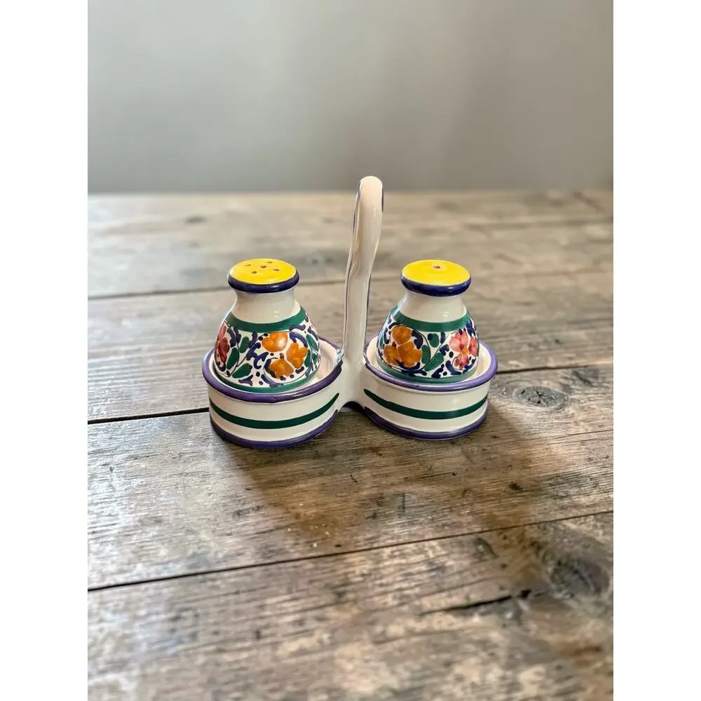 Vintage Deruta Italy Hand-Painted Ceramic Salt & Pepper Set with Caddy